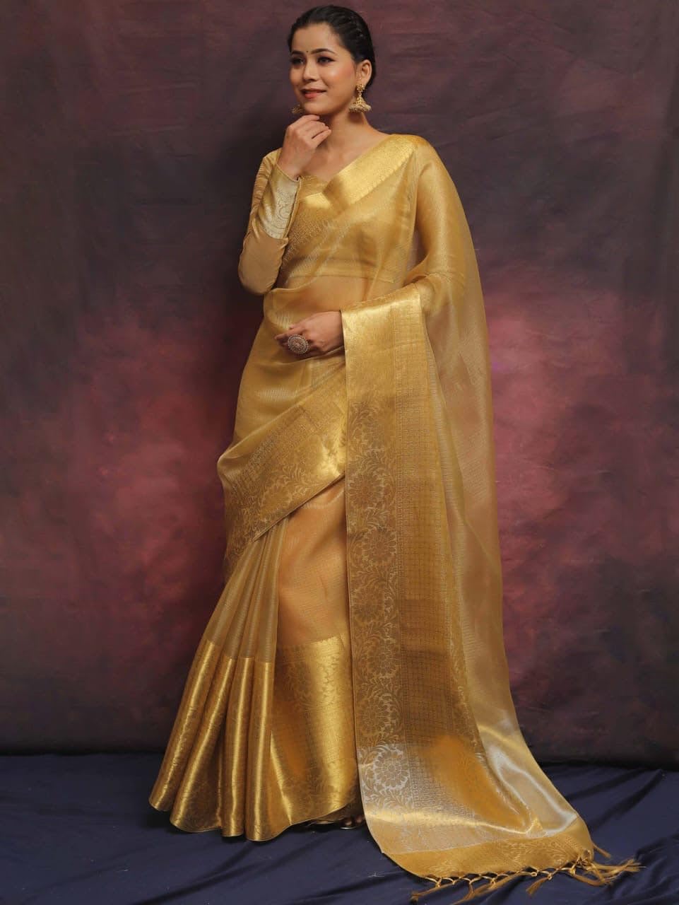 Women's Glory Womens Kanjivaram Banarasi Silk Saree Blend Woven Zari with Jacquard Woven Unstitched Blouse Piece. (Gold Tissue Plain)