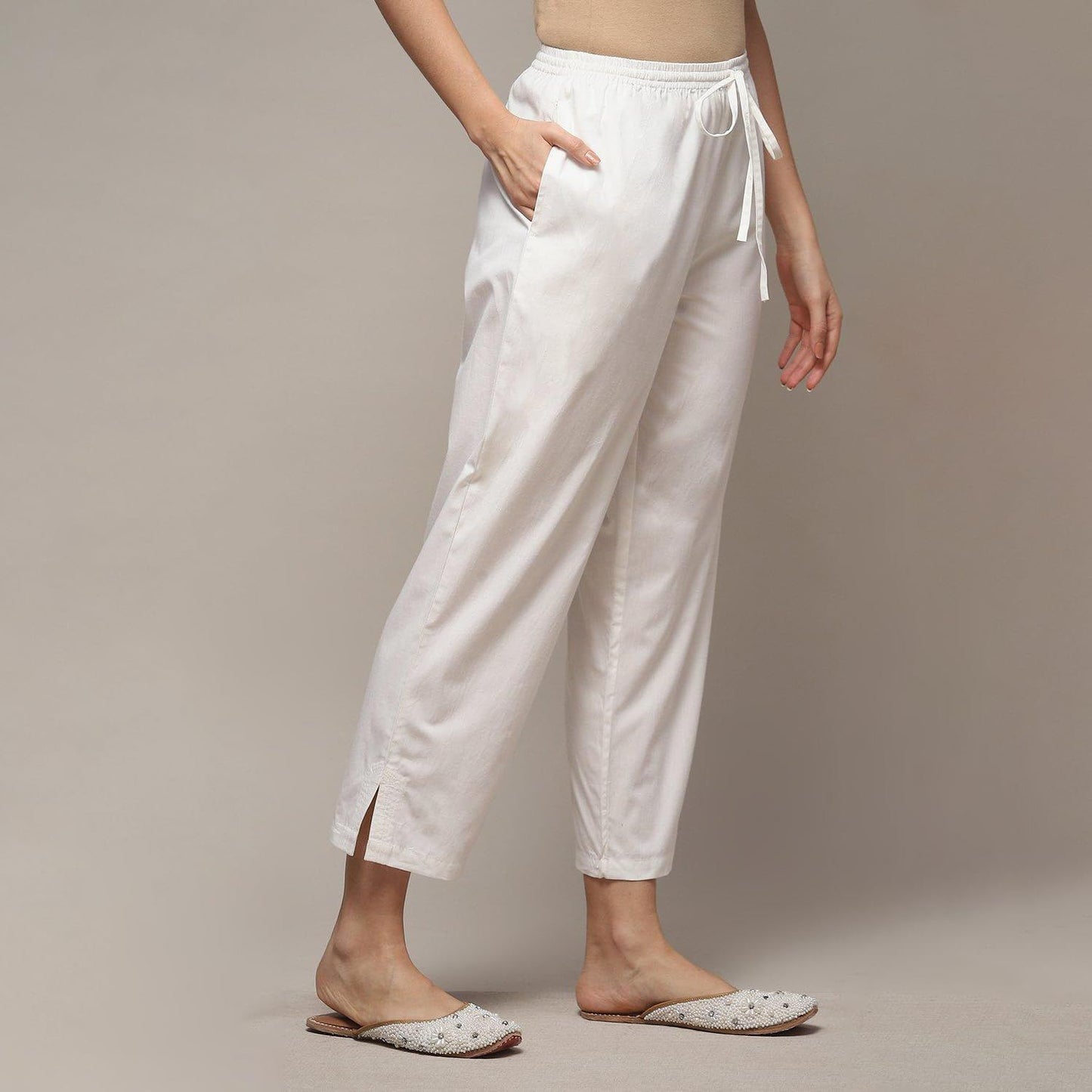 Biba Women's Solid Bottom Wear Regular Trousers (Bottom W14910_Off White_Large)