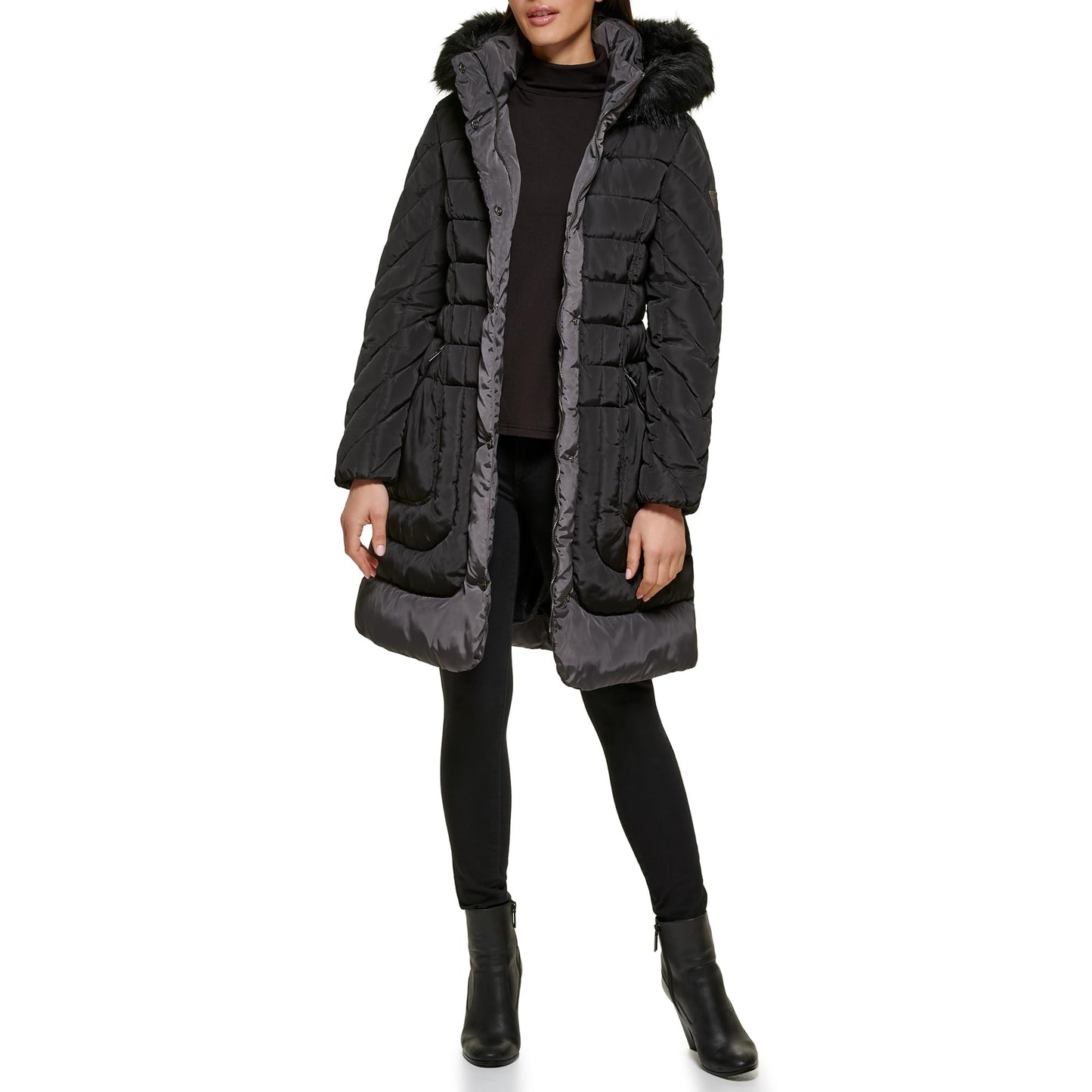 GUESS Women's Belted Hooded Cold Weather Coat, Black, L
