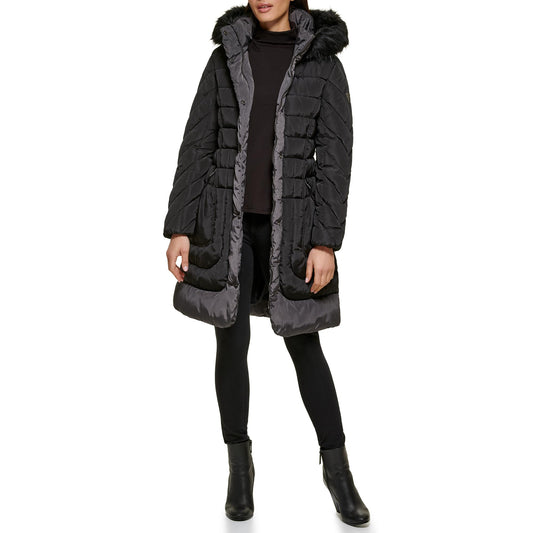 GUESS Women's Belted Hooded Cold Weather Coat, Black, L