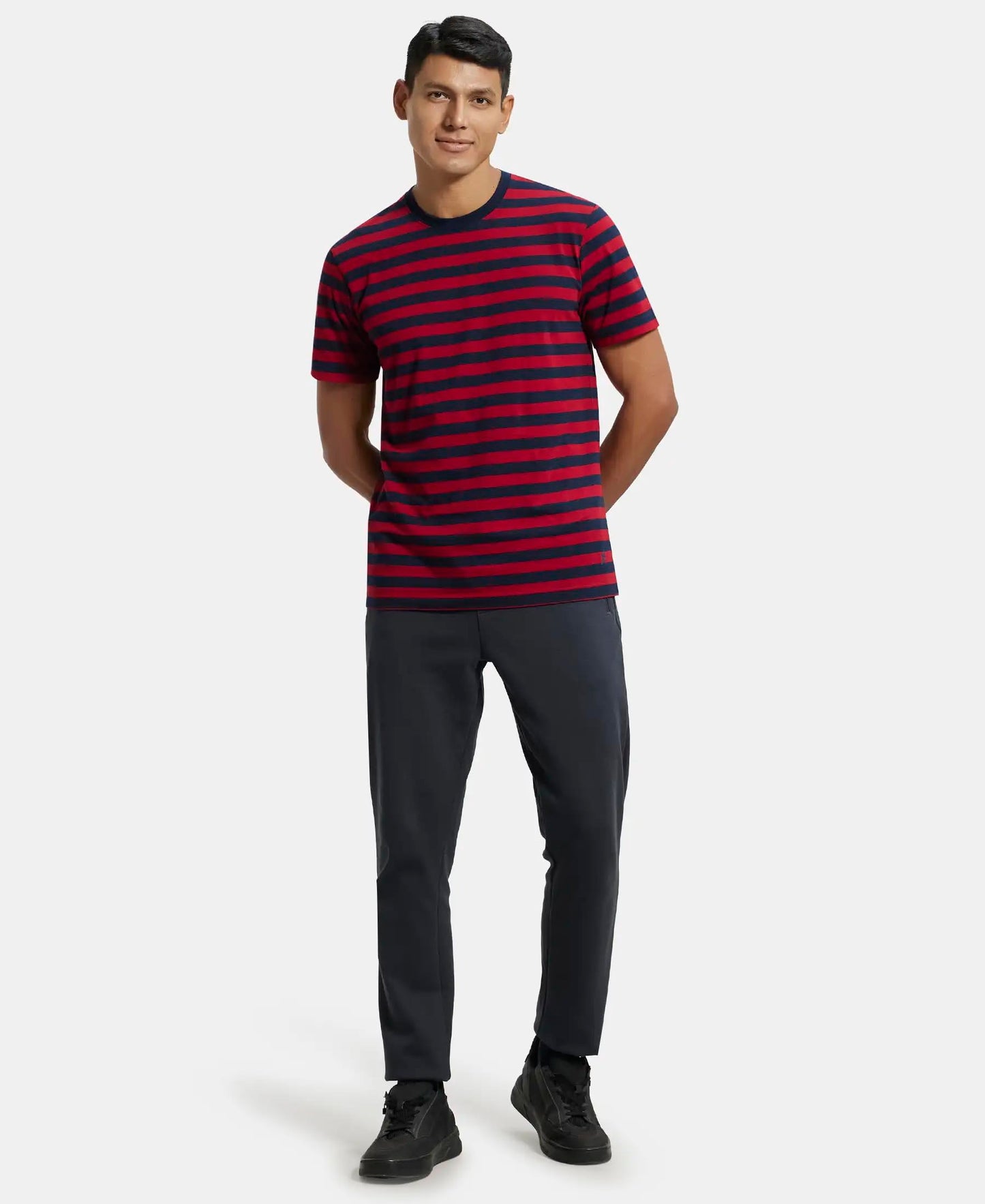 Jockey Men's Regular Fit Striped Round Neck Half Sleeved T-Shirt 2715_Navy & Shanghai Red_L