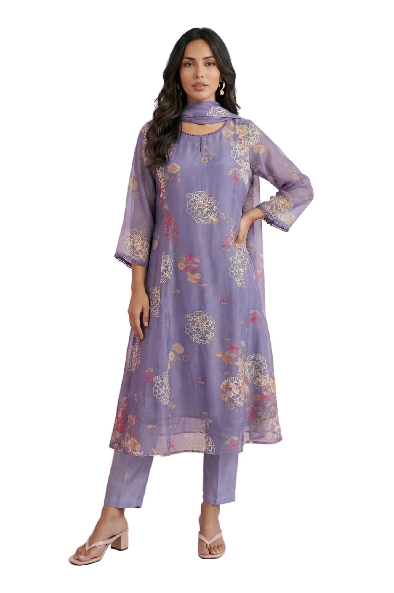 W for Woman Purple Thread Embroidered Organza Straight Kurta with Straight Pants and Dupatta Set - (WS13874-401170-3XL)