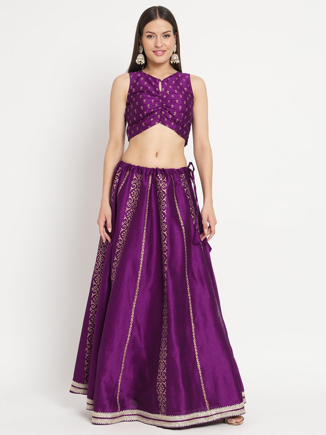 studio rasa Women's Dupion Hand Block Printed Embellished Bias Freesize Skirt for Festive Party Wedding (SKTC52301_Purple)