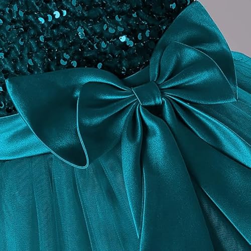 KIYOL Girls Dress with Sequin Bodice & Satin Bow | Round Neck Layered Tulle Frock for Birthday, Wedding & Special Occasions (Kingfisher-Blue-6-7 Y)