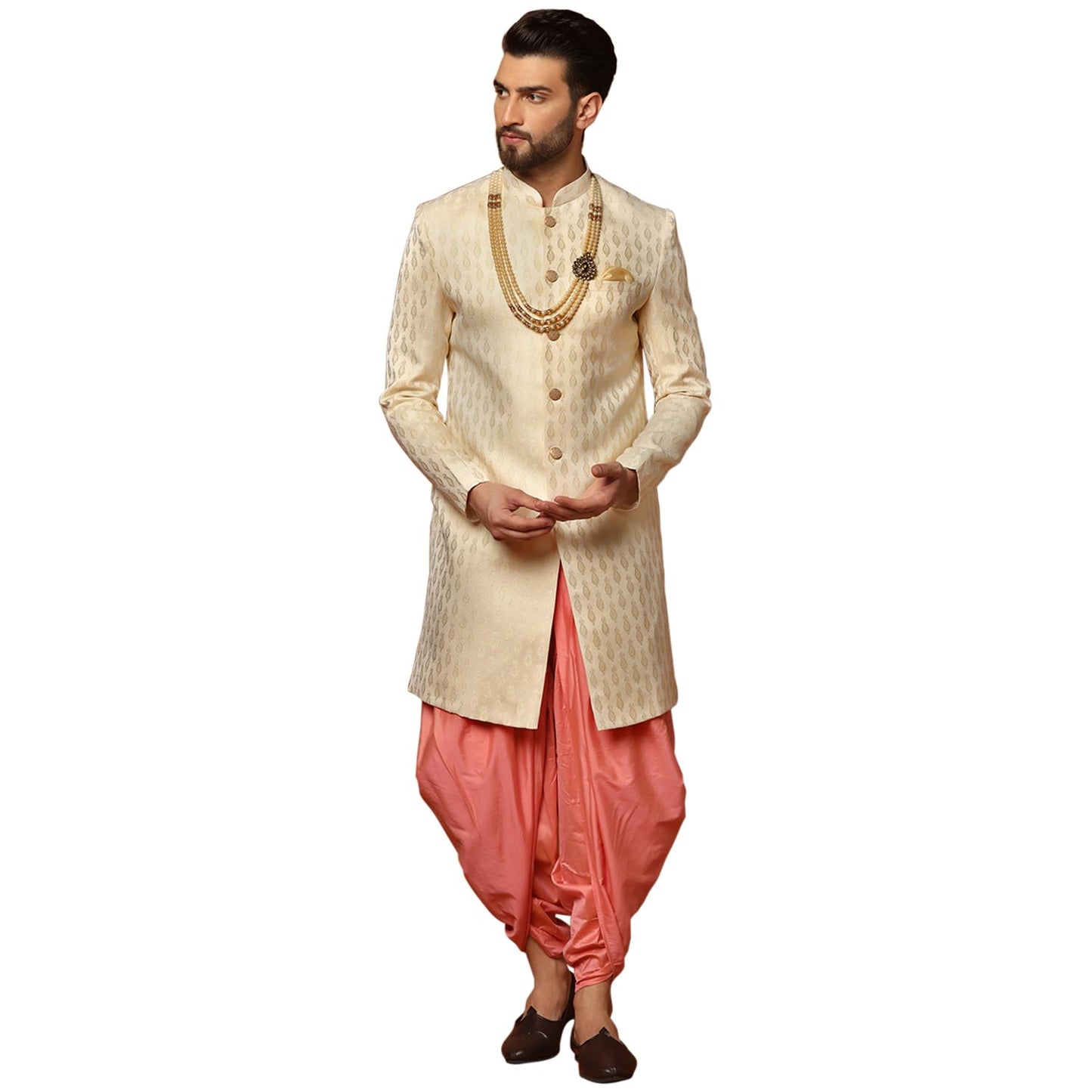 KISAH Men's Cream Indo-Western Sherwani Dhoti Set, Cotton Full Sleaves, Knee Length, Straight, Regular Fit, Mandarin Collar Ethnic Wear