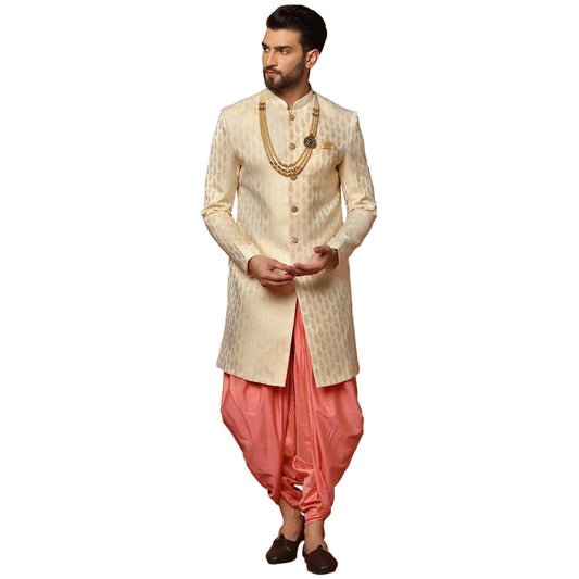 KISAH Men's Cream Indo-Western Sherwani Dhoti Set, Cotton Full Sleaves, Knee Length, Straight, Regular Fit, Mandarin Collar Ethnic Wear