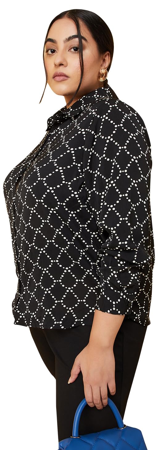 Max Women Plus Size Printed Bishop Sleeve Shirt (RIF01P_Black)