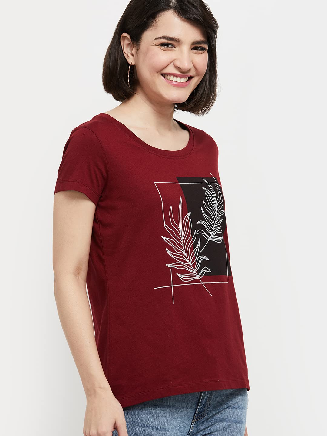 Max Women Cotton Printed Regular Fit Round Neck T-Shirt (Aw22Ccp04Maroon)_XXL
