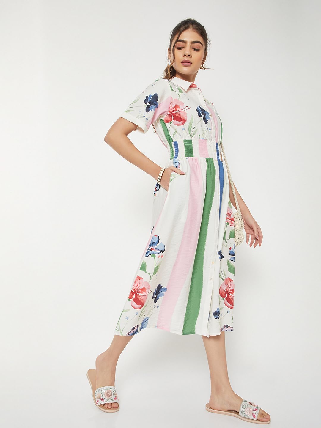 Max Women Printed Shirt Dress(White_L)