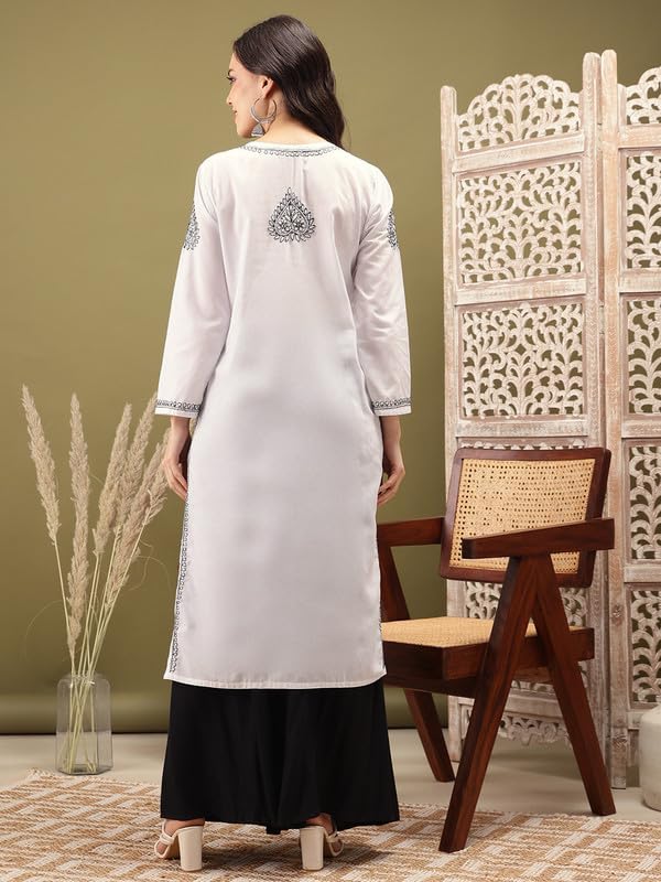 Ada Hand Embroidered Lucknow Chikankari White Cotton Kurta Kurti for Women A411557 (M)