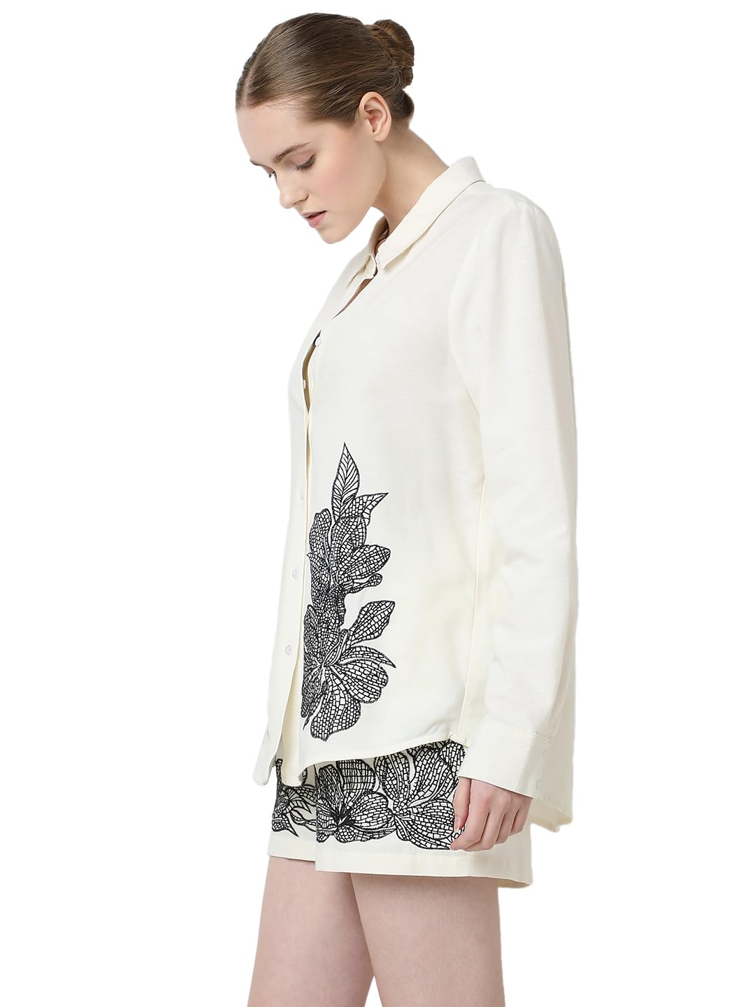 VERO MODA Women Embroidered Cream Cotton Regular Fit Shirt