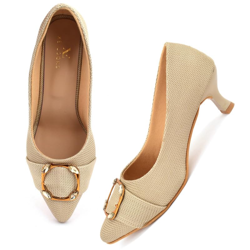 XE Looks Women's Beige Elegant Pointed Toe Heels | Beige Textured Design with Gold Buckle Accent | Stylish & Comfortable Kitten Heels For Girls & Women