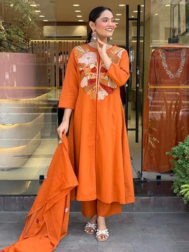 AVYUKTHA | Women Floral Embroidered Kurta with Pyjamas & Dupatta | Thread Work Ethnic Kurta Set for Women | Festive & Daily | Orange | Size- S