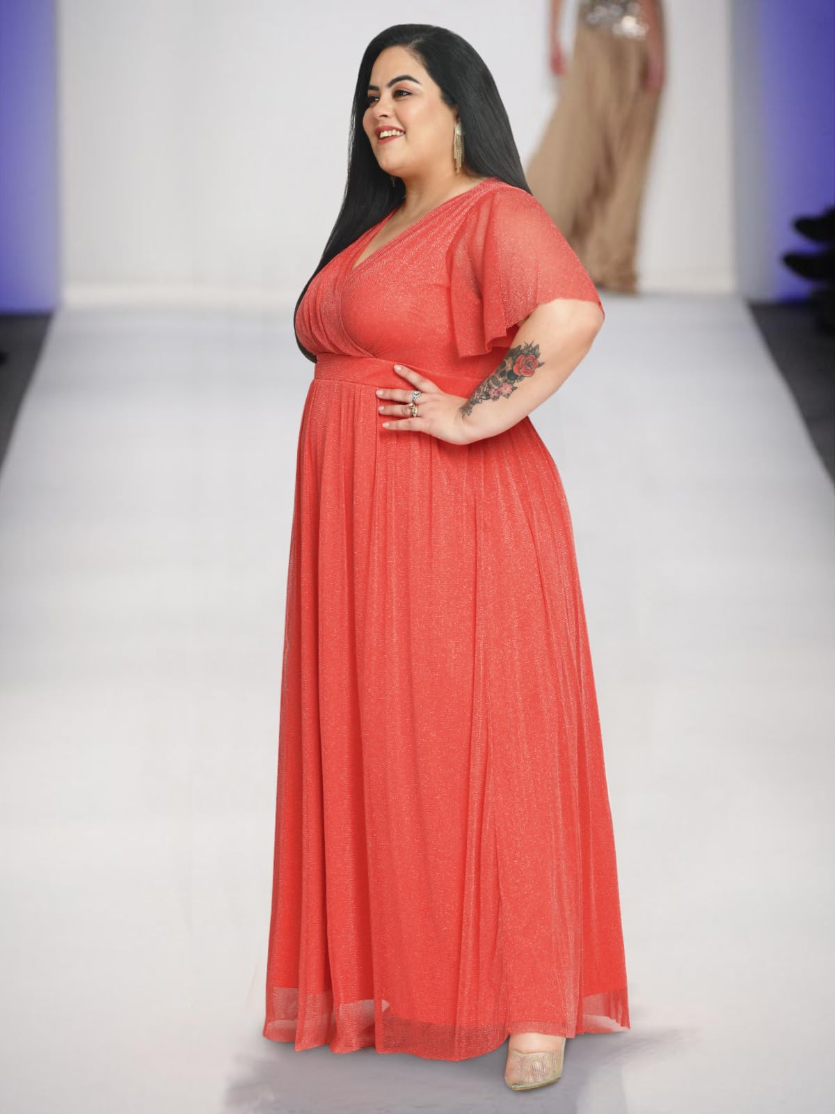 wild U Women Plus Size Cocktail Gown | Net | Stretchable | Shimmery | Western Stylish Dress (Rose Pink - 7XL)
