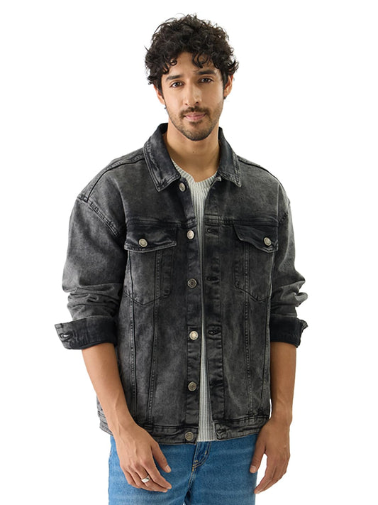 The Souled Store Solids: Ebony Oversized Fit Long Sleeve Collared Neck Button Front Denim Jackets for Men and Boys - Classic and Versatile Outerwear Essentials