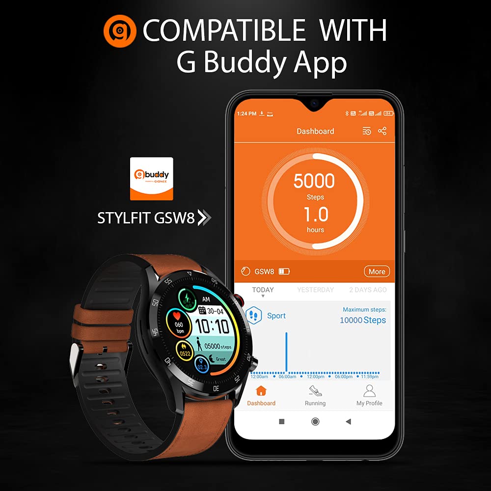 GIONEE STYLFIT GSW8 Smartwatch with Bluetooth Calling and Music, Built-in mic & Speaker, Internal Storage, HR Monitoring, Multiple Sport Mode, Full Touch Control (Sienna Brown), Regular