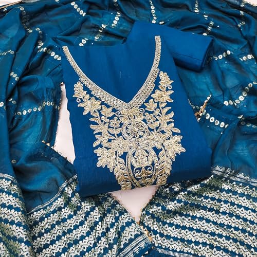 Leeli Peeri Designer Women's Vichitra Silk Embroidery Work Unstitched Salwar Suit Dress Material
