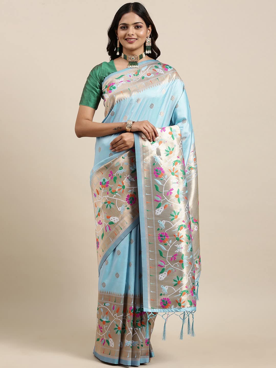 Pandadi Saree Women's Paithani Silk Saree With Blouse Piece (371PS13_Aqua Blue)