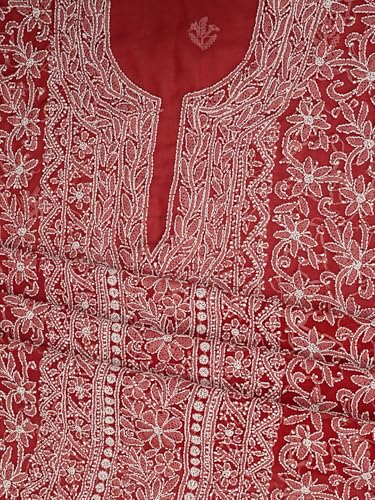 Ada Hand Embroidered Lucknowi Chikankari Unstitched Georgette Dress Material Suit Piece with Dupatta for Women 01A873546 Red