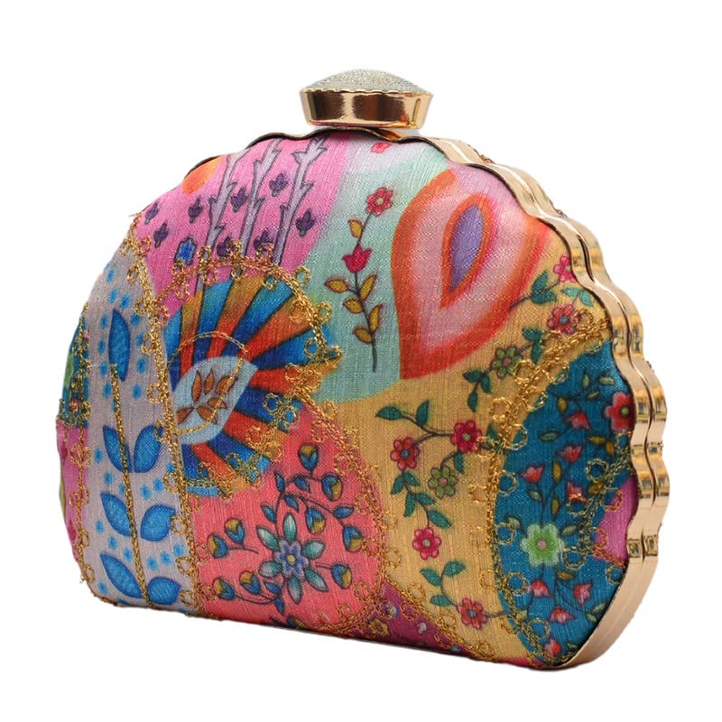 Artklim Floral With Embroidery Round Moon Clutch Bag for Women with Detachable Strap