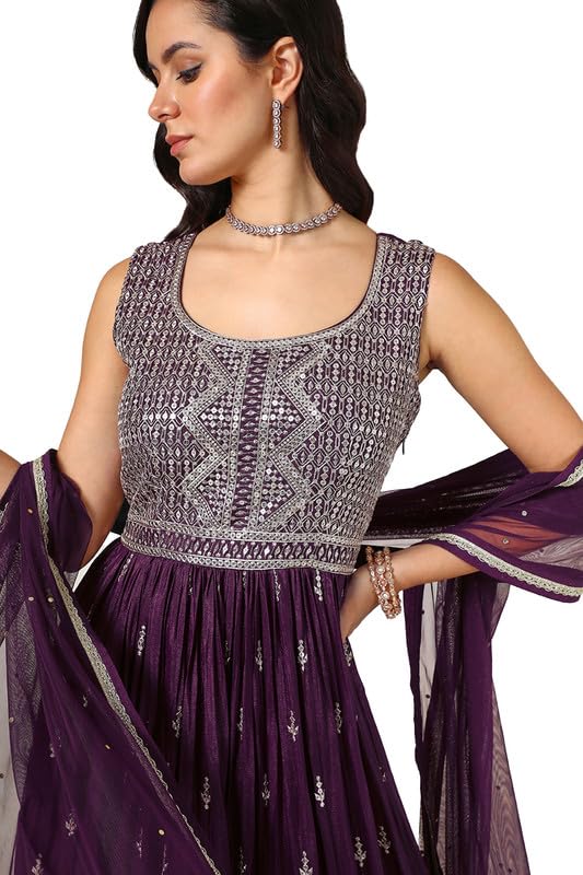 Soch Womens Wine Georgette Blend Embroidered Gown With Sequence Work