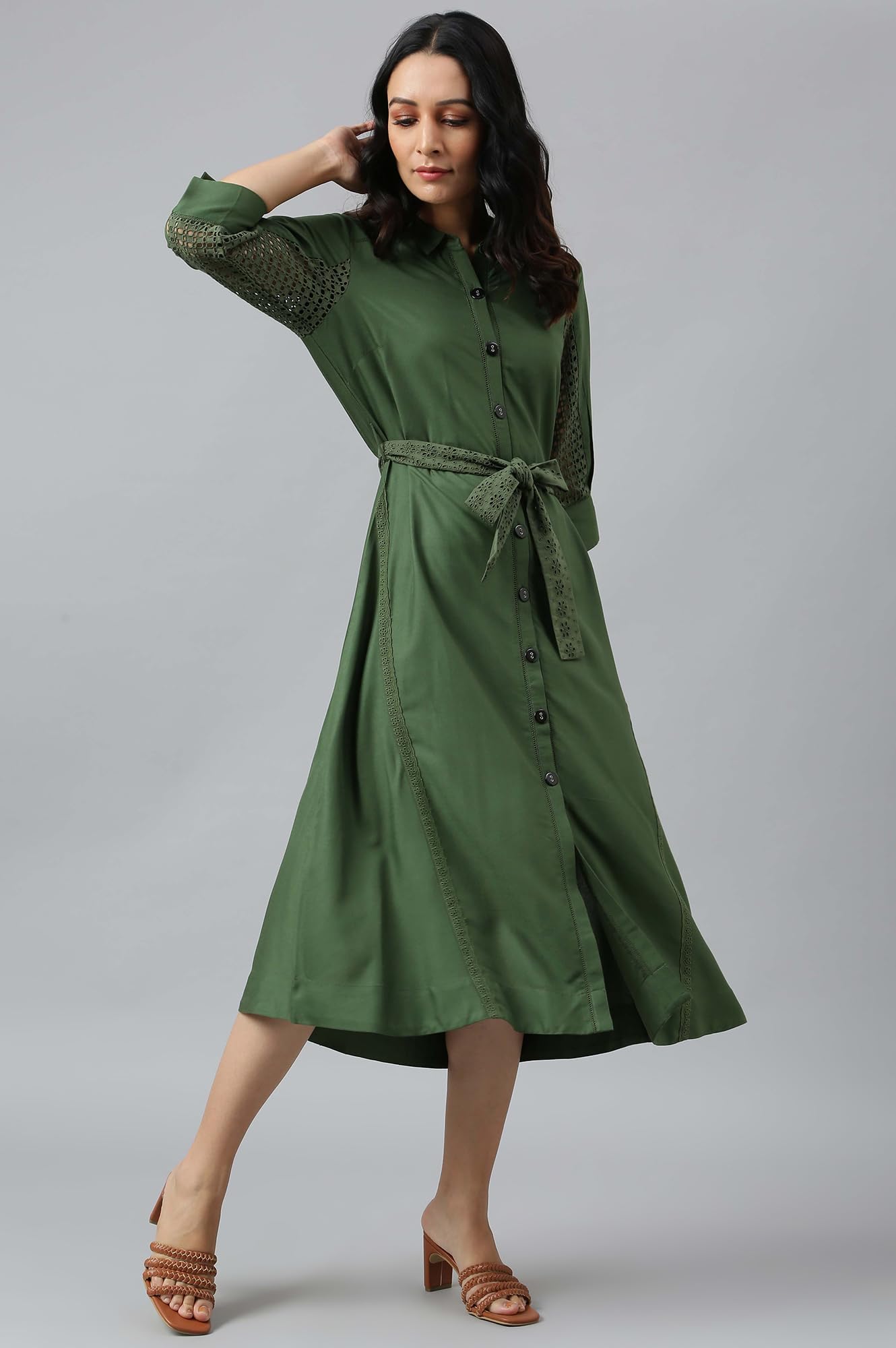 W for Woman Women's Viscose Green A-line Embroidered Shirt Dress with Schiffli Belt Calf Length 22AUW17842-217272_Dark