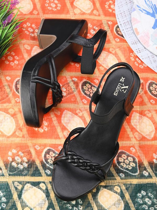 XE Looks Women's Black Wedge Sandals | Elegant Braided Strap Design with Cushioned Footbed | Lightweight Heels for Comfort & Trendy Sandals For Girls & Women
