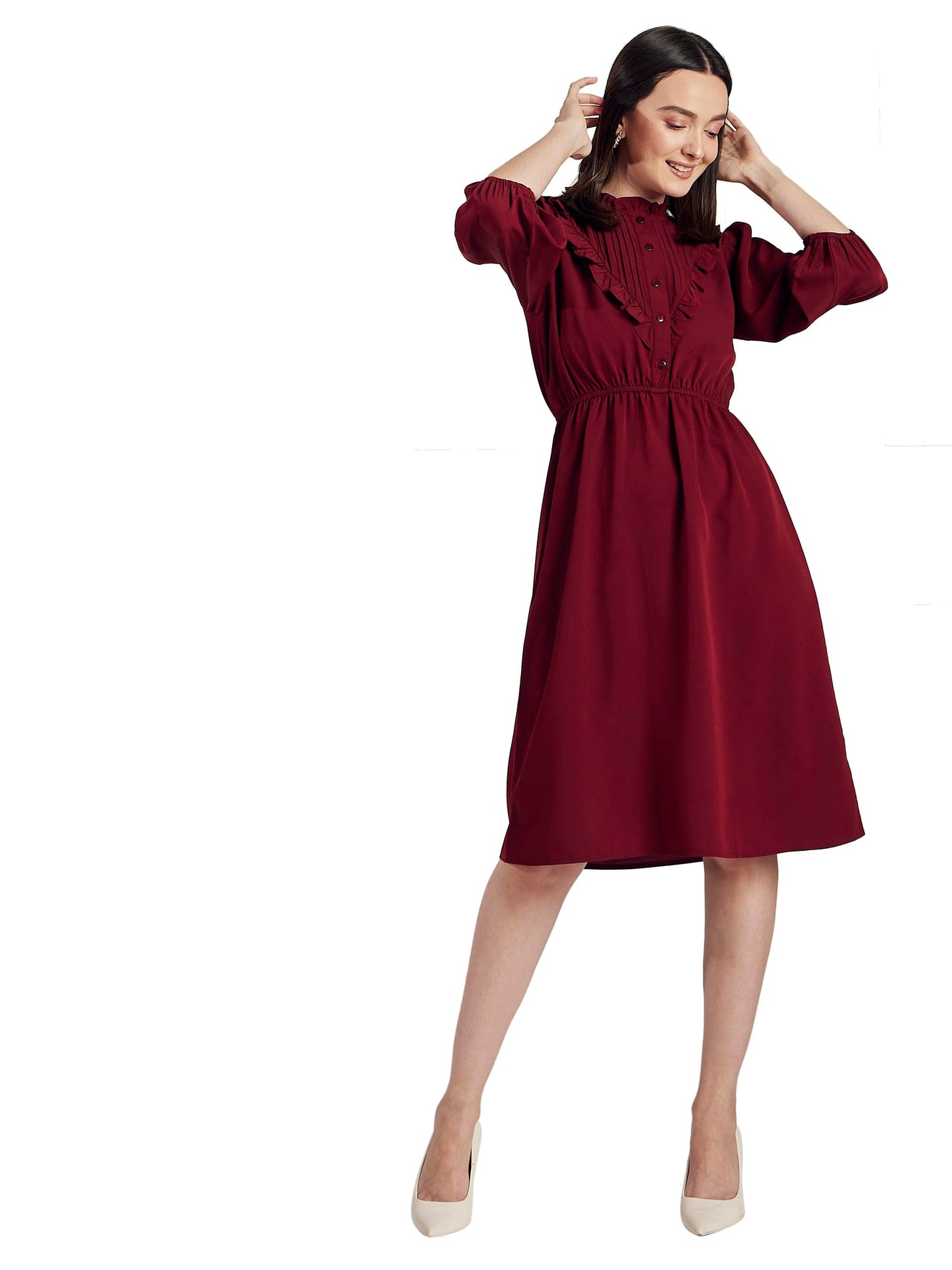 Carlton London Women's Crepe A-Line Knee-Length Casual Dress (CL8015A_Maroon_L)