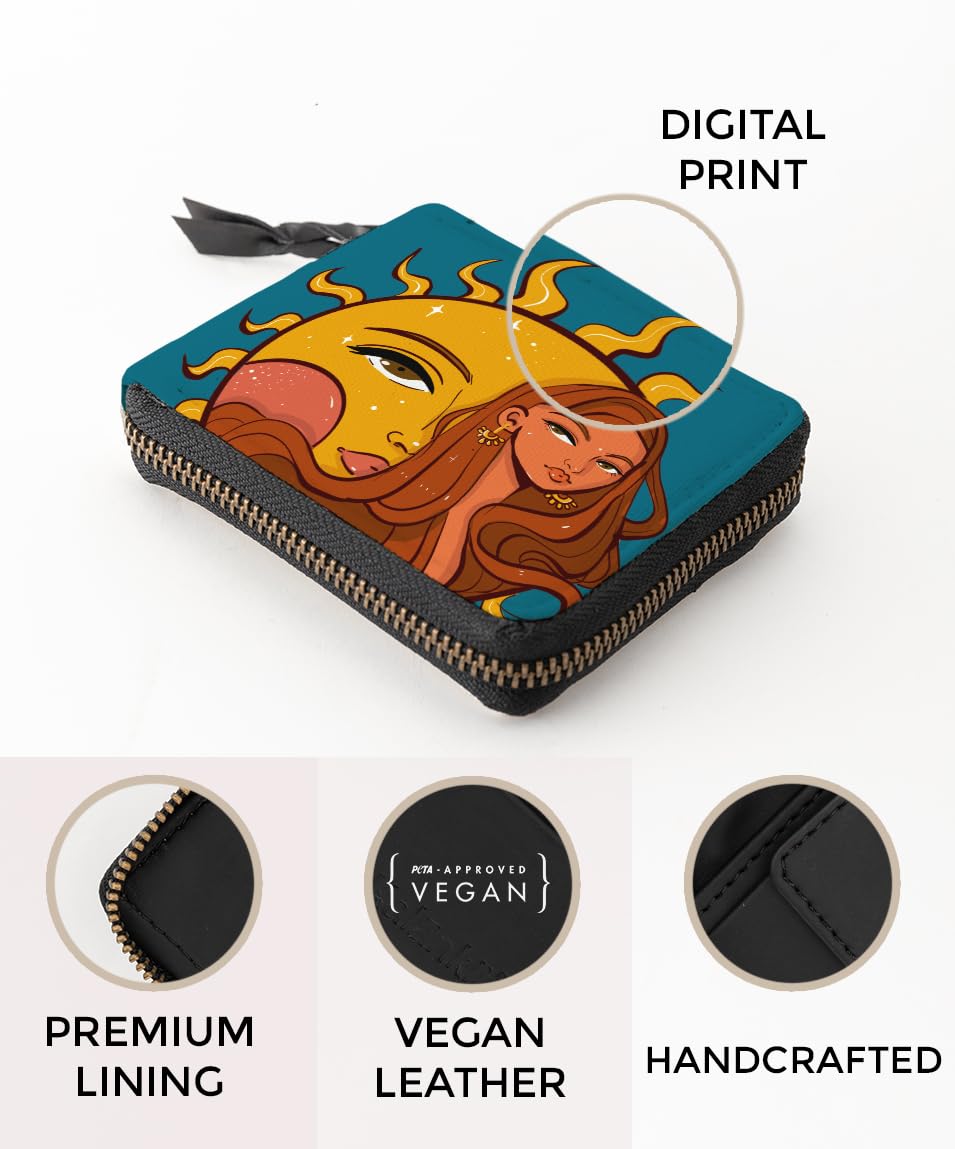 Kalankit Wallet for Women | Compact Vegan Leather Ladies Purse, Slim and Easy to Fit in Pocket with Card Slots, Cash & Coin Pocket | Small Bi-Fold Zip Wallets for Woman | The Child of Sun