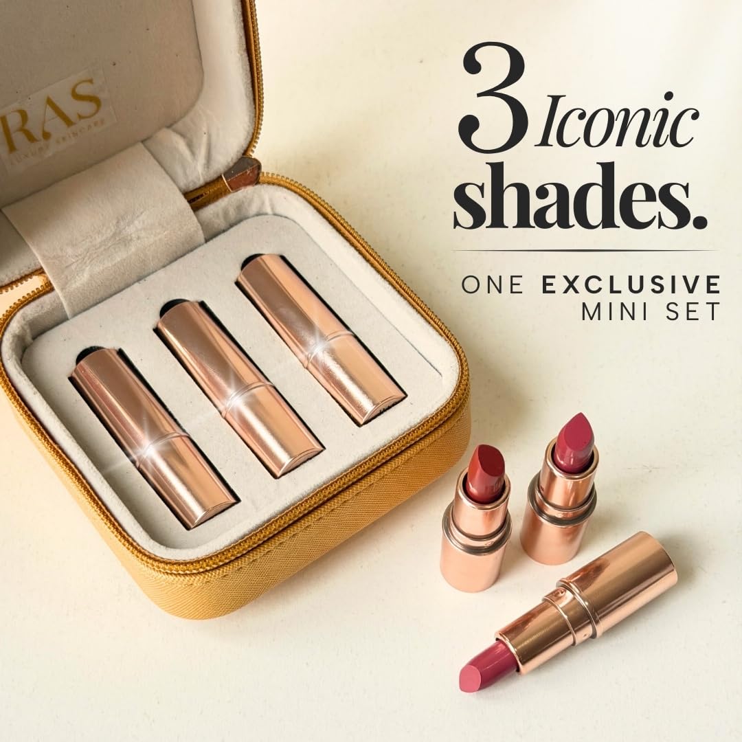 RAS Luxury Oils Lumiere Satin Matte Mini Lipstick Set of 3 for women | Long Lasting Hydrating Satin Matte Lipsticks | Creamy Pigmented Mini Lipstick Trio | Travel Size Lipstick Set for women | Lightweight Lipstick