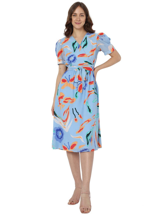 VERO MODA Women's Polyester A-Line Below The Knee Dress (299157801-Powder Blue_Powder M)