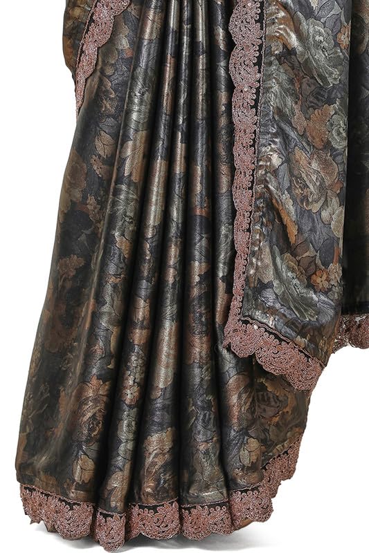 Soch Womens Grey Floral Georgette Saree with Zardosi Border