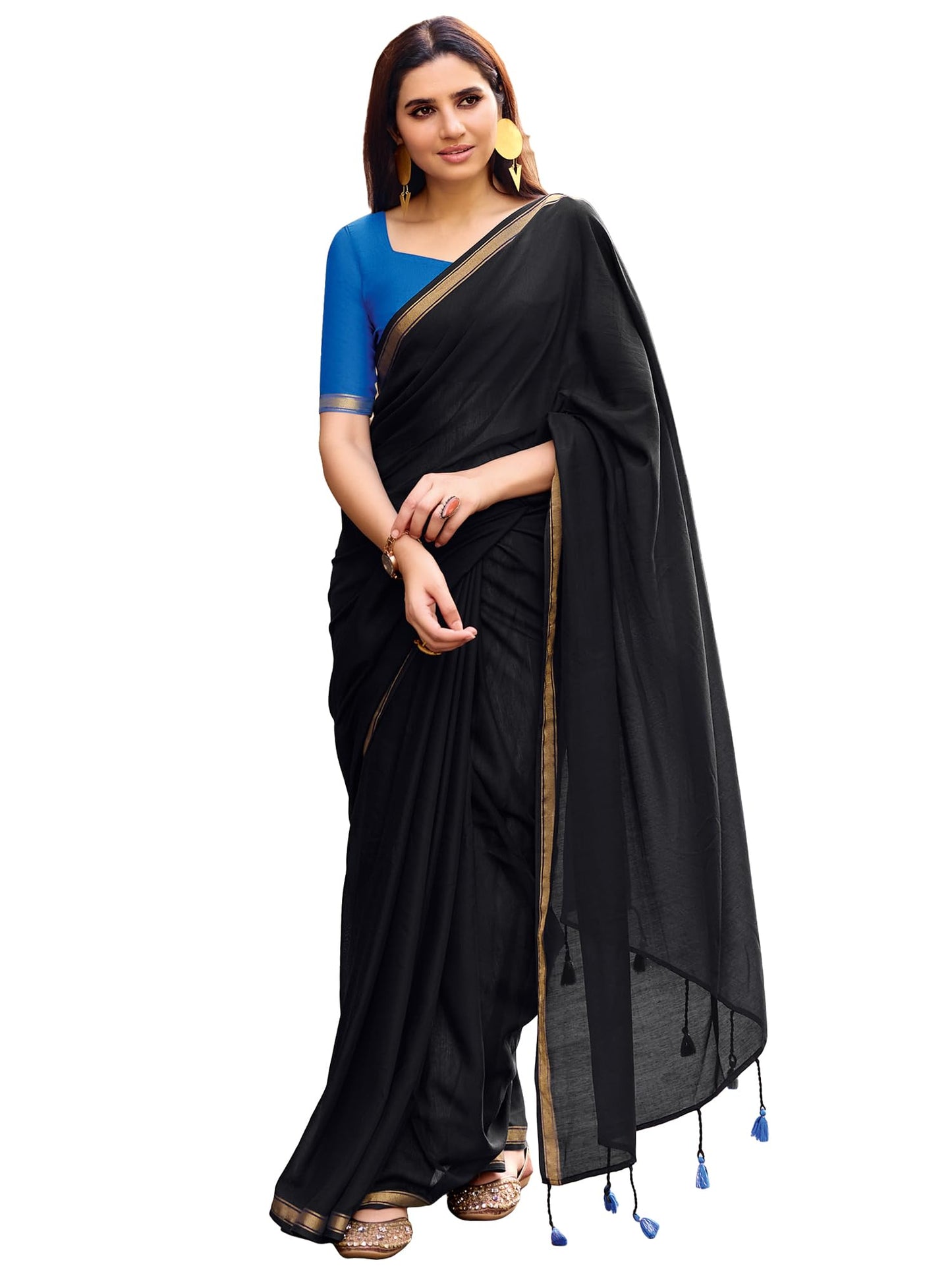 AKHILAM Women's Black Cotton Solid Tassels and Latkans Saree With Unstitched Blouse Piece | Saree for woman | cotton saree for woman (NERA1363_SR)
