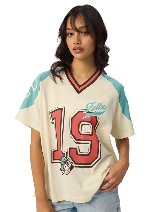 The Souled Store Felix The Cat: Feline Force Women and Girls Short Sleeve Round Cotton Oversized T-Shirts Off White