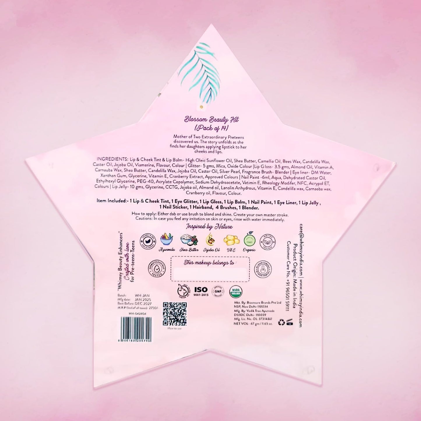 Whimsy Beauty 14-Piece Organic Makeup Kit for Girls & Teens|Real & Non-Toxic Beauty Set|Safe Toy Makeup with Lip Balm, Eye Glitter, Eyeliner, Lip Gloss & Mermaid Accessories|Birthday Gift for Kids 4-16 years