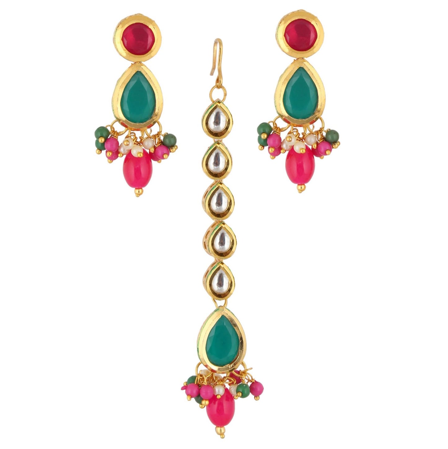 Lucky Jewellery Womens Meenakari 18k Gold Plated Multi Color Tika Earring Combo Uncut Big Faux Kundan Choker Necklace Set (911-J5SK-1817-RG)
