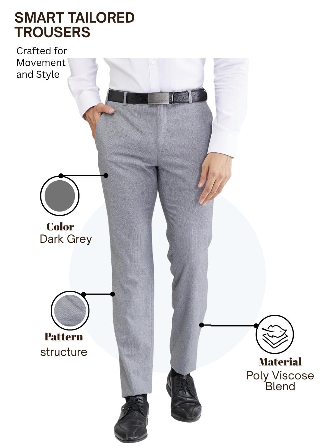 Raymond Men's Slim Fit Mid Rise Formal Trousers, Poly Viscose Blend, Structure Pattern, Flat Front | Dark Grey