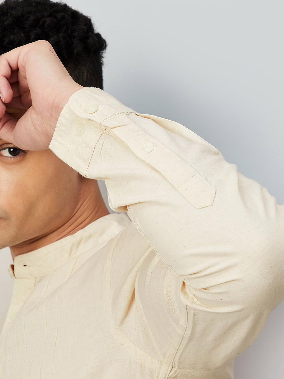 Max Men's Full Sleeves Mandarin Collar Solid Slim Fit Cotton Kurta Beige