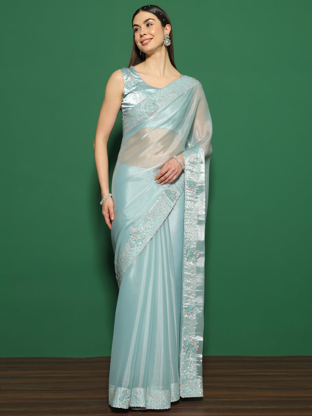 SAREE MALL Women's Organza Solid Saree With Unstitched Blouse Piece(Teal blue_FF0MAHEK737G_MK)