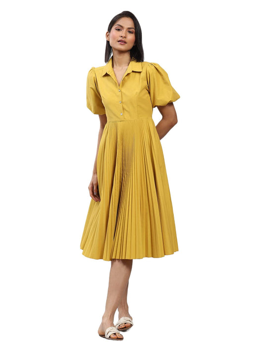 Label RITU KUMAR Mustard Button-Up Midi Dress with Pleats
