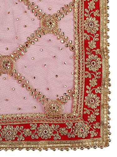 DUPATTA BAZAAR Women's heavily Embroidered Red Bridal Net Dupatta with kundan work