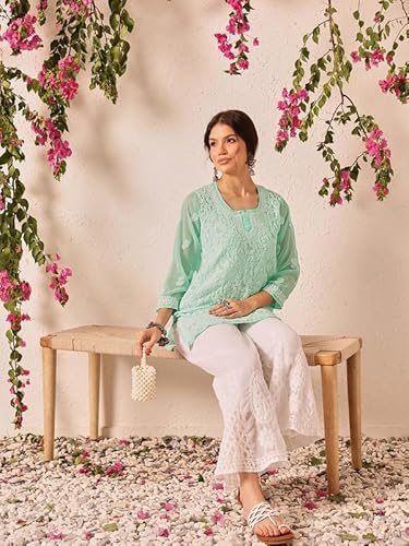 Ada Hand Embroidered Lucknowi Chikankari Georgette Short Kurti Top Tunic for Women A911500 Aquamarine (XS)