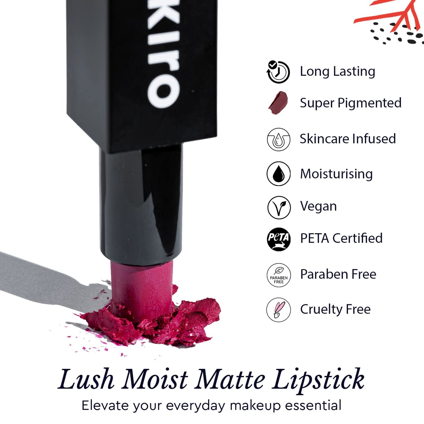 Kiro Lush Moist Matte Lipstick Hibiscus Petal (Berry Pink), 4.2 gm, Smudgeproof, Long lasting, Matte Lip stick, Vegan, No Paraben, Jojoba Oil, Cocoa Butter, Non Toxic Lipstick for Intense Pigmentation