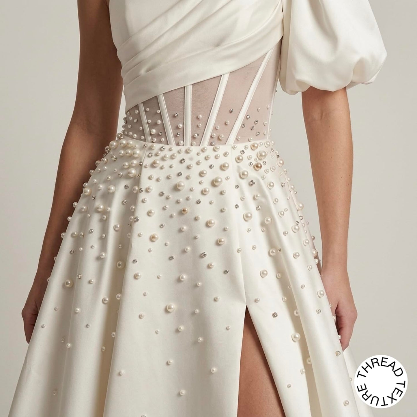 ThreadTexture Women's Elegant One Shoulder Puff Sleeve Pearl Embellished Bridal Wedding Gown (in, Alpha, S, Regular, Off White, Designer Shivay)
