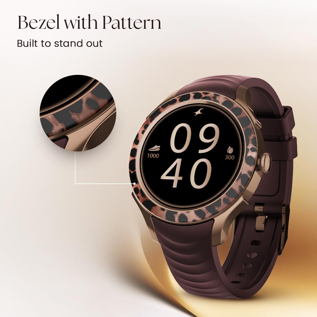 Fastrack Ella Smart Watch for Women with 1.2" inch AMOLED Display,Patterned Bezel,AI Watchface & AI Chat,Functional Crown,24/7 Health Suite,BT Calling,SpO2,HRM,IP68, Multiple Menu Styles- Dark Wine