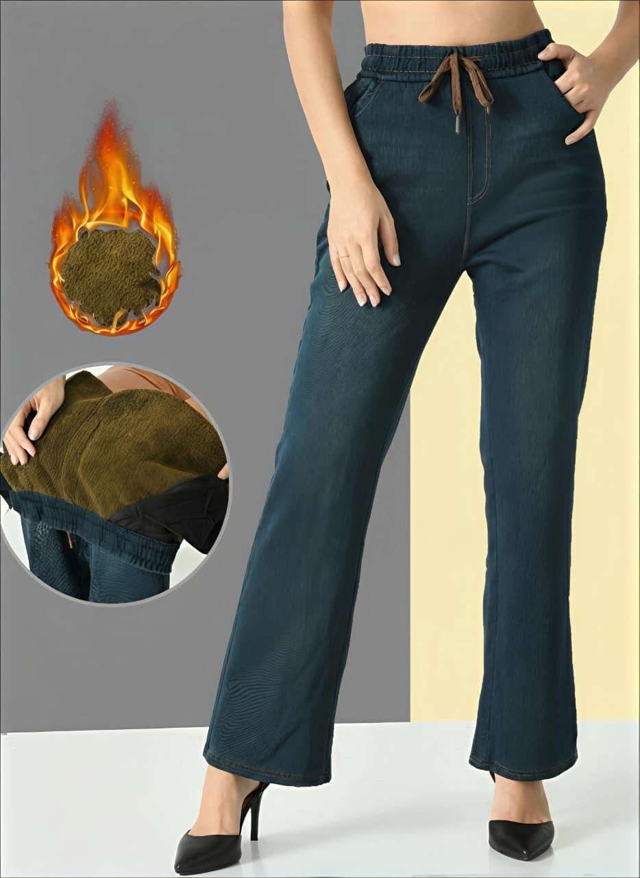 Knots N Stitches Women’s Fleece Lined High Waist Thermal Jeans | Winter Warm Stretch Denim Leggings with Pockets & Drawstring | Soft Elastic Waist Skinny Fit Pants | 2XL