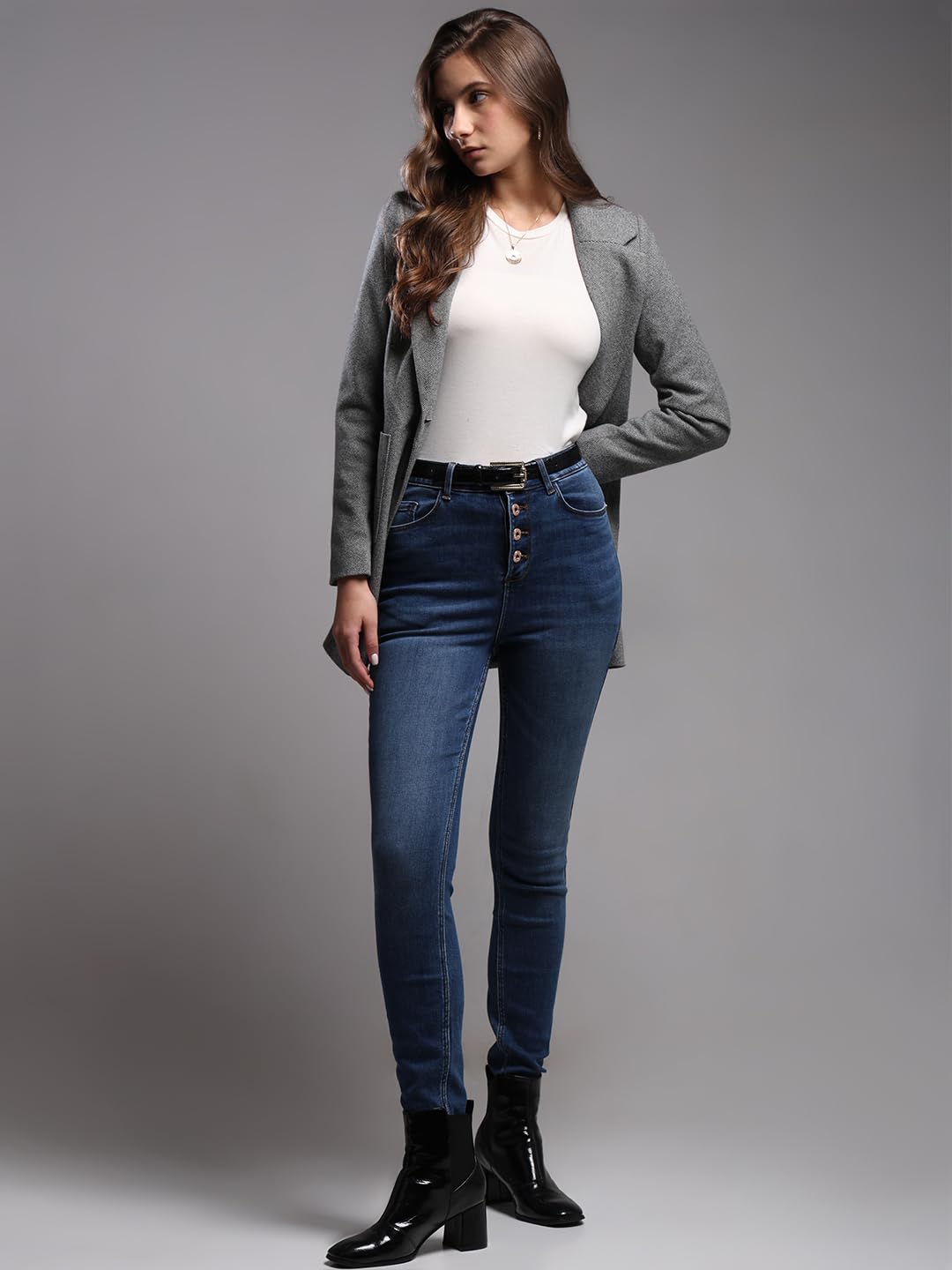 VERO MODA Women Solid Medium Blue Cotton Skinny Fit Ankle Length High Rise Jeans