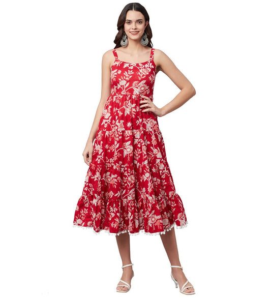 Divena Red Floral Printed Shoulder Strap Long Dress