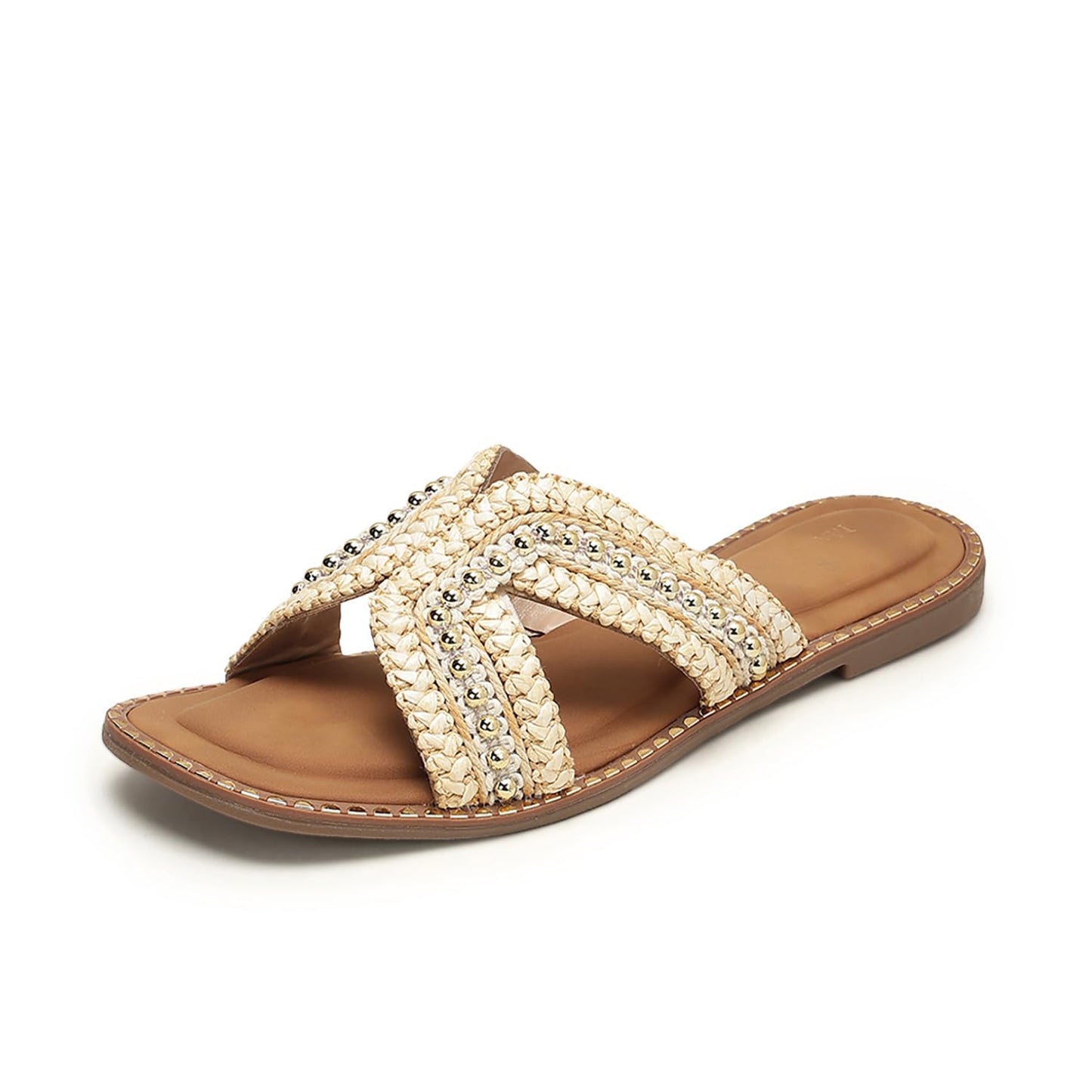 Marc Loire Women Smart Casual Embellished Slip-On Flats | Open Toe Fashion Sandals with Comfortable Sole (Gold, UK Footwear Size System, Adult, Women, Numeric, Medium, 7)