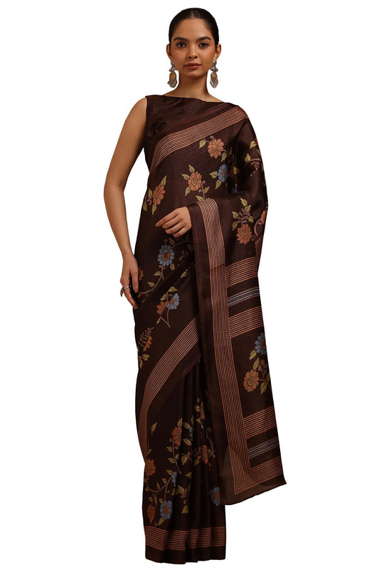 Soch Womens Brown Art Silk Floral Print Saree